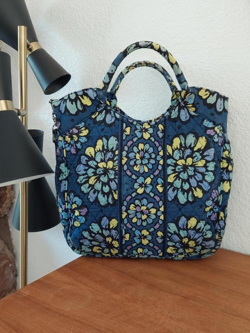 Vera Bradley "Indigo Pop" Quilted Cotton Satchel Hobo Handbag Purse - Retired